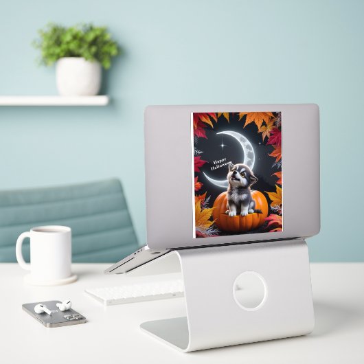 Schattigee Wolf met Crescent Moon Nighttime Autumn Sticker (Laptop op bureau)