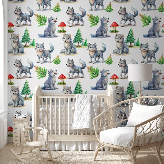 Schattigee wolf puppy bos dieren kwekerij decor behang (Kinderen)