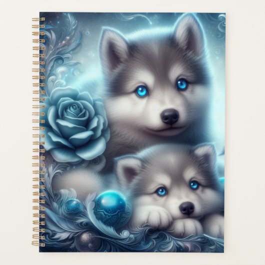 Schattigee Wolf Pups met een Blauw Roos Planner (Voorkant)