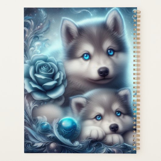 Schattigee Wolf Pups met een Blauw Roos Planner (Achterkant)