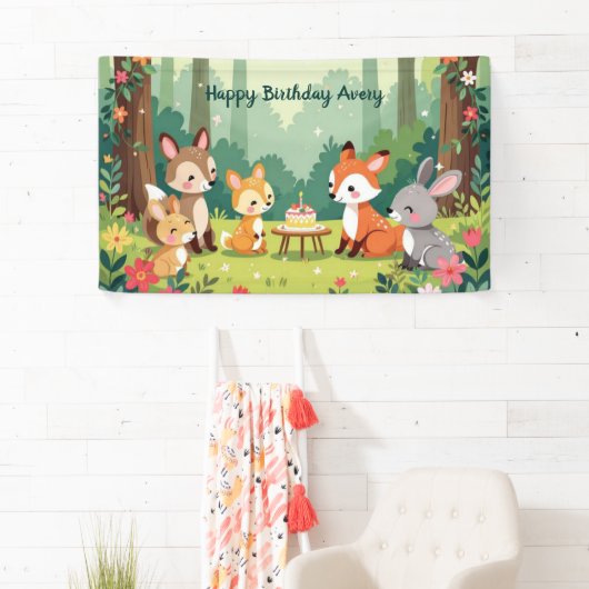 Schattigee Woodland Animal Child Verjaardag Spandoek (Insitu)