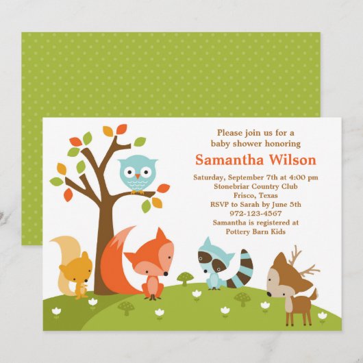 Schattigee Woodland Animal Invitation Kaart (Voorkant / Achterkant)