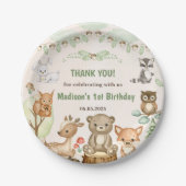 Schattigee Woodland Animals 1st Verjaardag Party P Papieren Bordje (Voorkant)