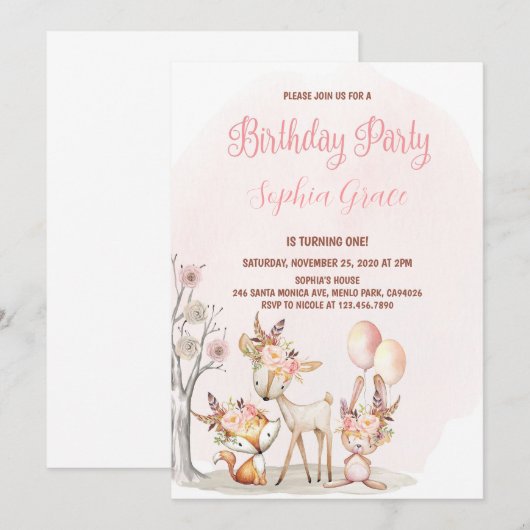 Schattigee Woodland Animals Girl Wild Een 1e Verja Kaart (Voorkant / Achterkant)