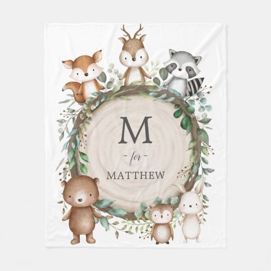 Schattigee Woodland Animals Greenery Custom Monogr Fleece Deken (Voorkant)