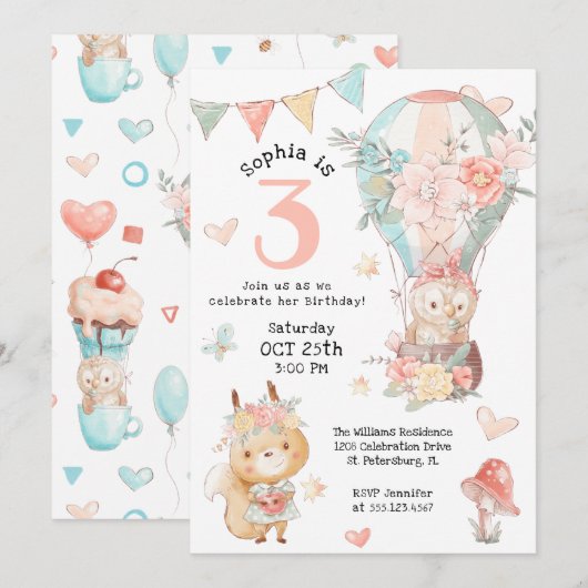 Schattigee Woodland Animals Waterverf Verjaardag v Kaart (Voorkant / Achterkant)