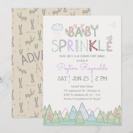 Schattigee Woodland Creatures Baby Sprinkle Invita Kaart (Voorkant / Achterkant)