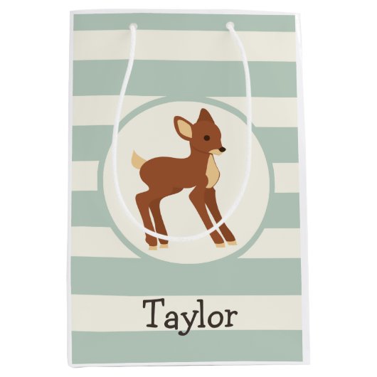 Schattigee Woodland Deer; Sage Green Stripes Medium Cadeauzakje (Voorkant)