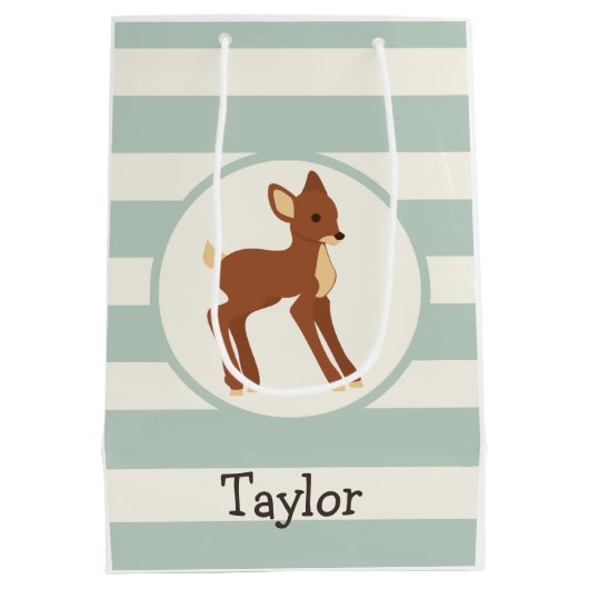 Schattigee Woodland Deer; Sage Green Stripes Medium Cadeauzakje (Achterkant)