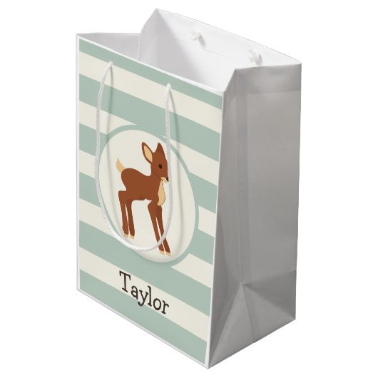 Schattigee Woodland Deer; Sage Green Stripes Medium Cadeauzakje (Achterkant Gekanteld)
