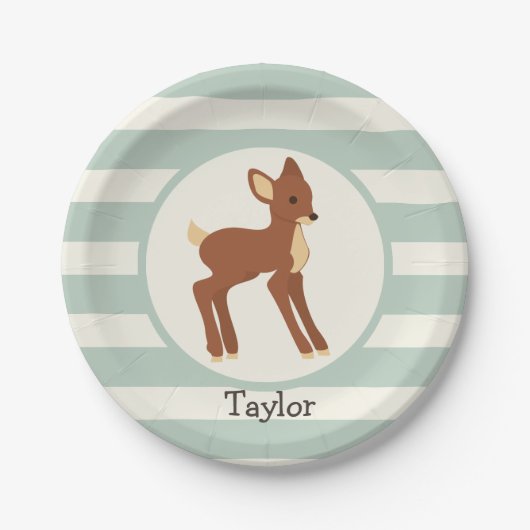 Schattigee Woodland Deer; Sage Green Stripes Papieren Bordje (Voorkant)