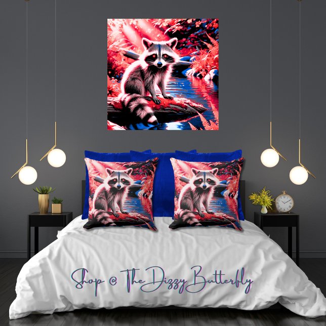 Schattigee Woodland Forest wasbeer rode Sparkle Na Kussen (Woodland angel raccoon at one with the red crimson-kissed, sparkly forest 20 x 20 pillows (& more))