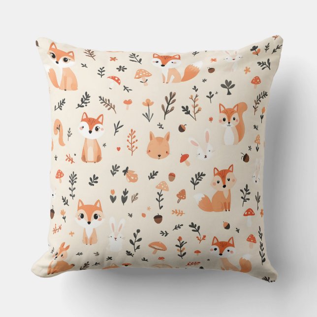Schattigee Woodland Fox en Bunny Pattern op wit Kussen (Voorkant)