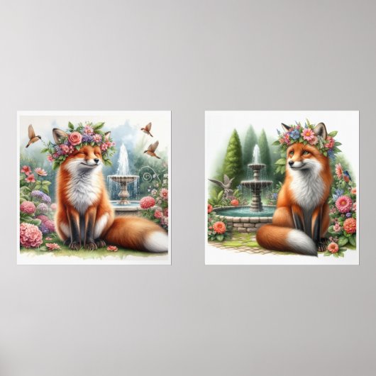 Schattigee Woodland Fox in Flower Garden Print Set (Voorkant)