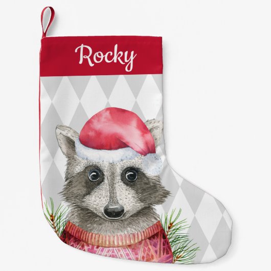 Schattigee Woodland Raccoon in Santa Hat Kleine Kerstsok (Voorkant)