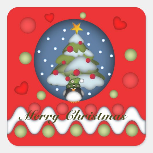 Schattigee Xmas sticker met boom, pinguïn & tekst (Voorkant)