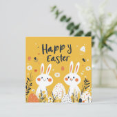 Schattigee Yellow Easter Bunnies Flat Holiday Kaar Feestdagenkaart (Staand voorkant)