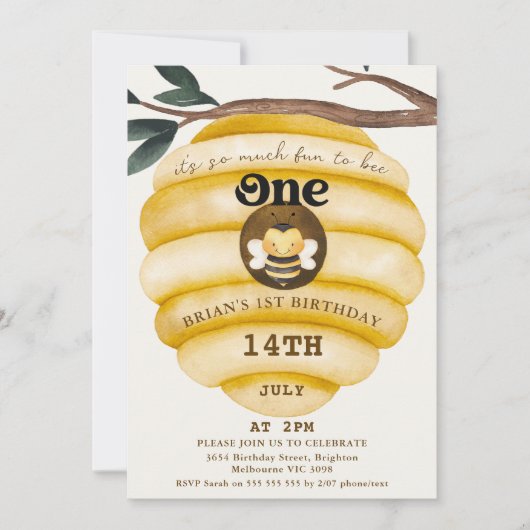 Schattigee Yellow Hive Bee Themd 1e Verjaardag Kaart (Voorkant)