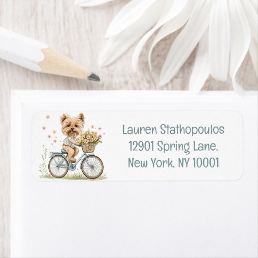 Schattigee Yorkie Dog Fietsen Spring Flowers Etiket (Insitu)