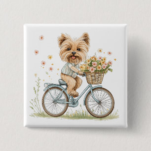 Schattigee Yorkie Dog Fietsen Spring Flowers Vierkante Button 5,1 Cm