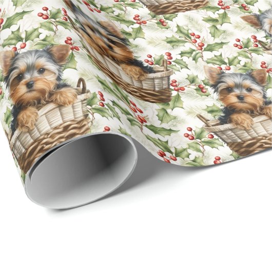 Schattigee Yorkie puppy in mand kerst Holly Cadeaupapier (Rol Hoek)