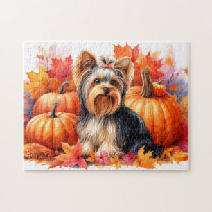 Schattigee Yorkie Terrier Herfstbladeren en pompoe Legpuzzel