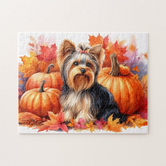 Schattigee Yorkie Terrier Herfstbladeren en pompoe Legpuzzel (Horizontaal)