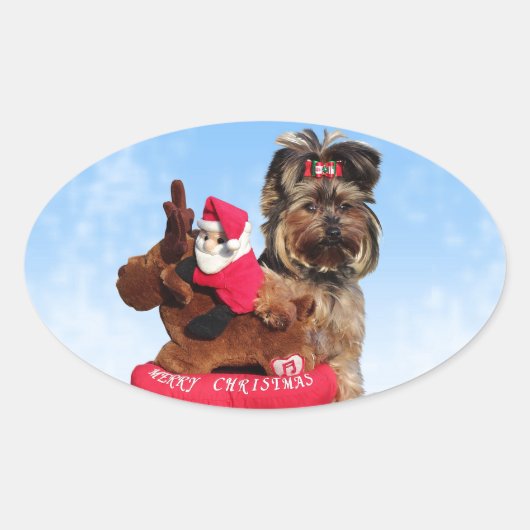 Schattigee Yorkshire Terrier Vrolijk kerstfeest Ovale Sticker (Voorkant)