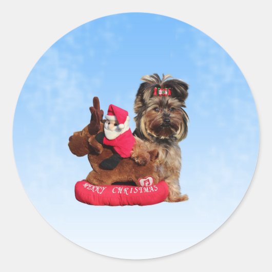 Schattigee Yorkshire Terrier Vrolijk kerstfeest Ronde Sticker (Voorkant)
