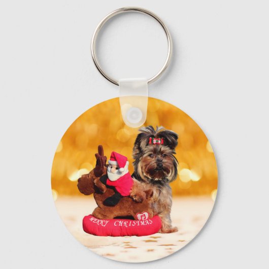 Schattigee Yorkshire Terrier Vrolijk kerstfeest Sleutelhanger (Voorkant)