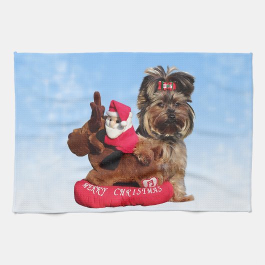Schattigee Yorkshire Terrier Vrolijk kerstfeest Theedoek (Horizontaal)