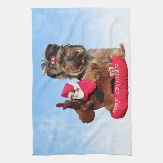 Schattigee Yorkshire Terrier Vrolijk kerstfeest Theedoek (Verticaal)