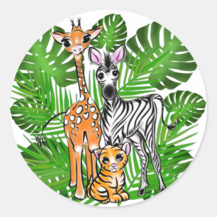 Schattigee zebra giraffe tijger oerwoud thema ronde sticker