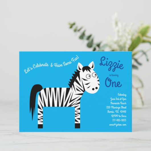 Schattigee Zebra Kinder 1e verjaardagsfeestuitnodi Kaart (Staand voorkant)