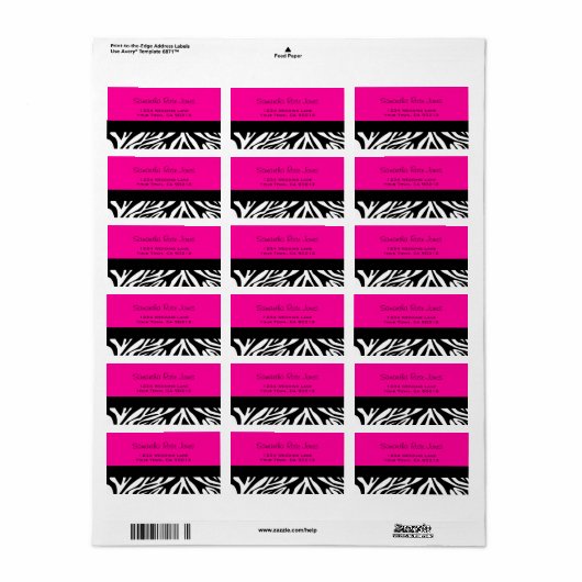 Schattigee Zebra Print Aangepaste Hot Pink Adresla Etiket (Full Sheet)