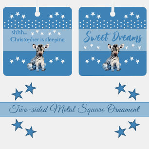 Schattigee zebra shhh voeg naam is slapende blauw metalen ornament