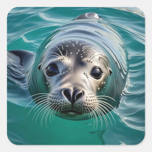Schattigee zeehond die zijn hoofd uit het water st vierkante sticker (Voorkant)