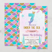 Schattigee zeemeermin 7e verjaardag uitnodiging (Voorkant / Achterkant)