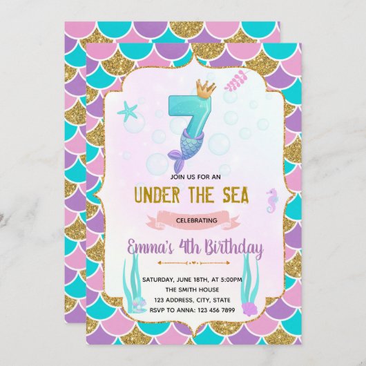Schattigee zeemeermin 7e verjaardag uitnodiging (Voorkant / Achterkant)