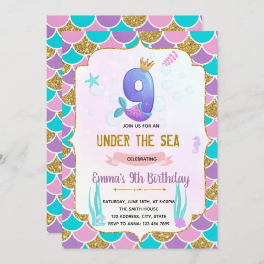 Schattigee zeemeermin 9e verjaardag uitnodiging (Voorkant / Achterkant)