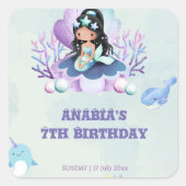 Schattigee Zeemeermin Aquarel Verjaardag Vierkante Sticker (Voorkant)