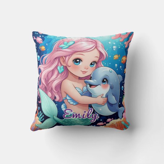 Schattigee Zeemeermin en Dolfijn Vierkant Kussen – (Achterkant)