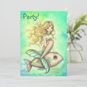 Schattigee zeemeermin en vis verjaardagsfeestuitno kaart (Staand voorkant)