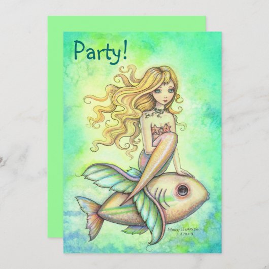 Schattigee zeemeermin en vis verjaardagsfeestuitno kaart (Voorkant / Achterkant)