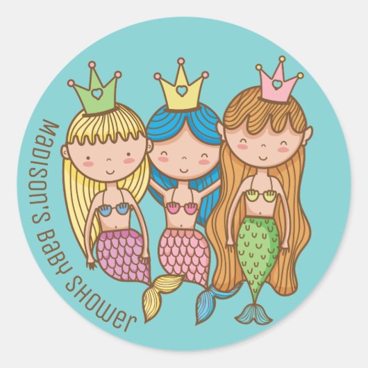 Schattigee Zeemeermin en Vrienden Baby shower Uitn Ronde Sticker (Voorkant)