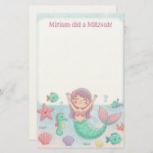 Schattigee zeemeermin gepersonaliseerde mitswa noo briefpapier (Voorkant / Achterkant)