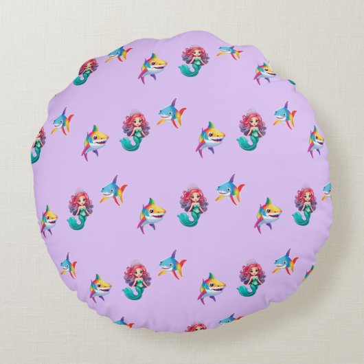 Schattigee Zeemeermin haai regenboog kleurrijke ve Rond Kussen (Achterkant)