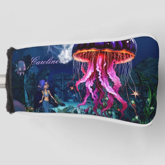 Schattigee zeemeermin kijkt naar de prachtige kwal golfheadcover (Voorkant)