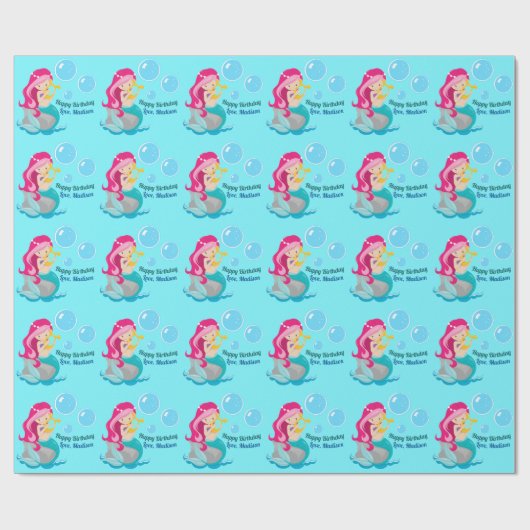 Schattigee zeemeermin meisje aangepaste verjaardag cadeaupapier (Vlak)