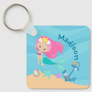 Schattigee Zeemeermin Meisje Strand Custom Kinder Sleutelhanger